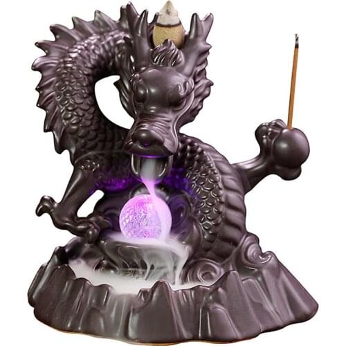 Ceramic Dragon Backflow Incense Burner Crystal Ball Color Changing LED Lamps Incense Waterfall Burner Bedroom Home Decor Craft