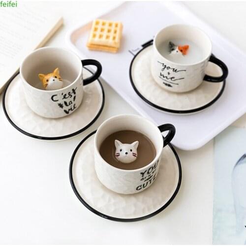 Creative Ceramics Mug with Spoon Tray Cute Cat Relief Coffee Milk Tea Handle Porcelain Cup Couple Water Cup Novelty Gifts