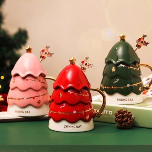 2021European Ceramic Christmas Tree Design Coffee Mug with Lid and Spoon Porcelain Couple Milk Mug Cute Office Tea Cup Drinkware