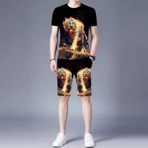 Summer new mens casual suit 3D tiger short-sleeved round neck T-shirt + shorts 2-piece personality street beach mens clothing