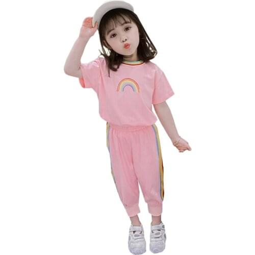 1-7 year girl summer sports two-piece rainbow printed short-sleeved T-shirt sweatshirt + nine-point pants quality child clothing