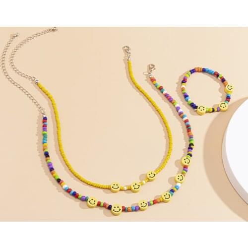 Fashion Korea Multilayer Seed Beads Choker Necklace For Women Cute Sweet Girls Necklace Smile Face Beads Necklace Bracelet Sets