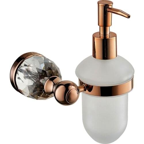 Luxury Crystal brass copper Wall Mounted Rose gold Liquid Soap Dispenser With Frosted Glass Container/bottle