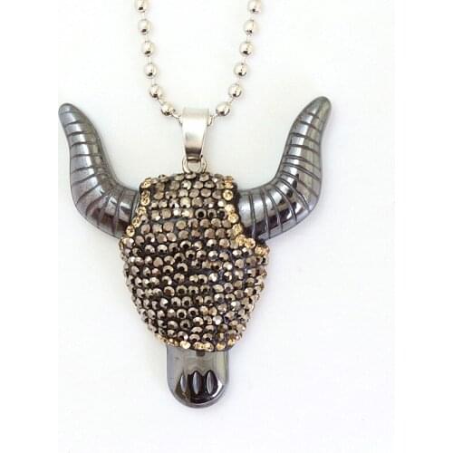 New High Quality Fashion Hematite Trendy Tauren Pendant necklace Exaggerated Long Bull Horn Crystal Necklaces