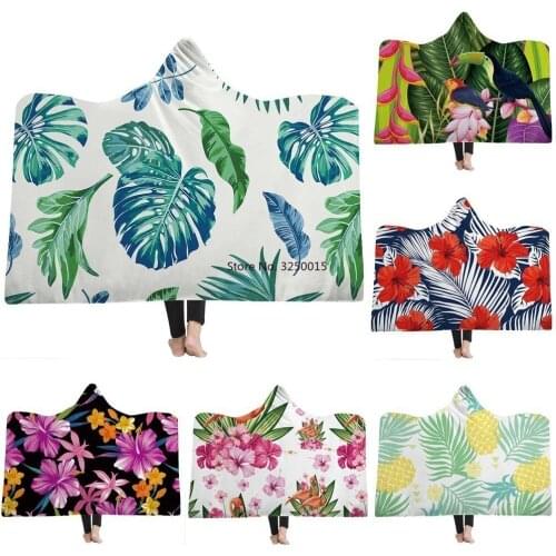Flowers Leaves 3D Print Plant Hooded Blanket Adult Kid Wool Winter Warm Sofa Back to School Home Travel Picnic Wearable Blanket