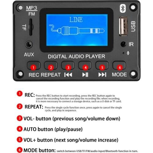 5V LCD MP3 Decoder Board Bluetooth Receiver APE FLAC WMA WAV Decoder Support Recording Radio USB TF Card U Disk Lyrics Display
