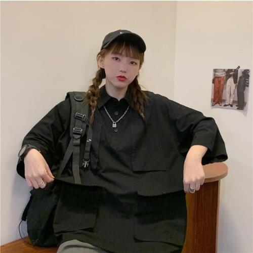 Japanese street neutral bf wind multi-pocket tooling short-sleeved shirt ins loose shirt round neck Harajuku style