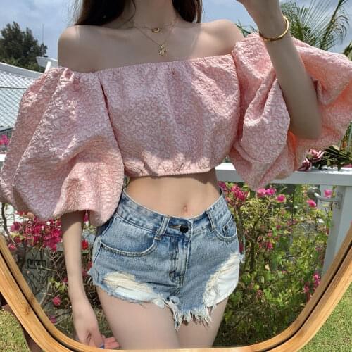 Women Bubble Sleeve Shirts Korea Fashion Small Daisy Embroidery Shirts Summer Short Sleeve Off Shoulder Navel Shirt Tops