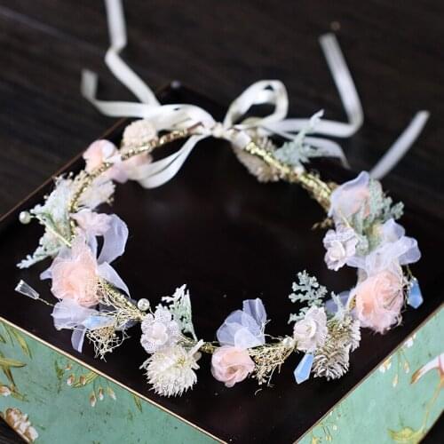 Handmade Artificial Flower Women Girl Princess Crown Headbands Wedding Bridal Fabric Floral Veil Hair Decoration Wreath Garlands