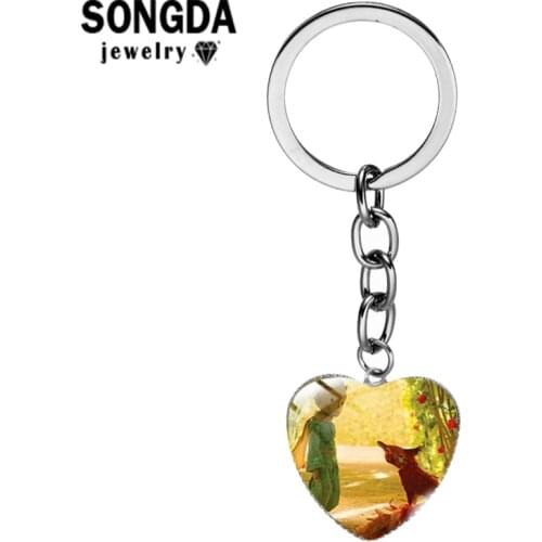 SONGDA Little Prince Cartoon Pattern Keychain Convex Glass Heart Keyring Gifts for Children Jewelry Trinkets or Womens Pendant