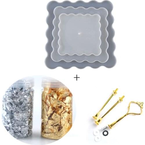 TC009 4Pcs DIY Three Layer Tray Mold Kit Metal Handle Gold Foil Paper Cake Rack Silicone Mold for Resin Jewelry Craft