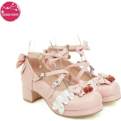 Japanese Lolita Mary Janes Shoes Princess Pink Ankle Strap Bowtie Strawberry Ruffles Wedding Cosplay Uniform Pumps Plus Size 48