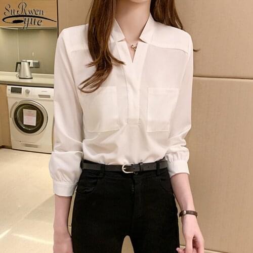 Chiffon Blouse Lady Simple Style Female Korean Loose V-neck Long Sleeve Shirts New Women Shirt Classic Tops Clothes Blusas 10505