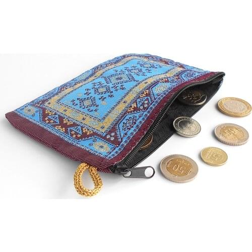 Oriental Burgundy-Turquoise Turkish Carpet Pattern Woven Coin Purse|Women Wallet With Zipper|Gift Jewelry Bag Ideas for Grandmas