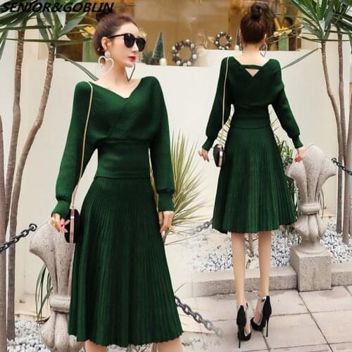New 2020 Autumn Knitted 2 Pieces Set Women Sexy V Neck Batwing Sleeve Pullover Sweater+Pleated Skirt Female Backless Knit Suits