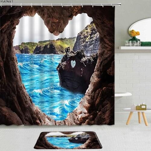 2Pcs Blue Seascape Heart-shaped Cave Shower Curtain Beach Shells Starfish Coconut Trees Bathroom Non-Slip Mat Bath Curtains Set