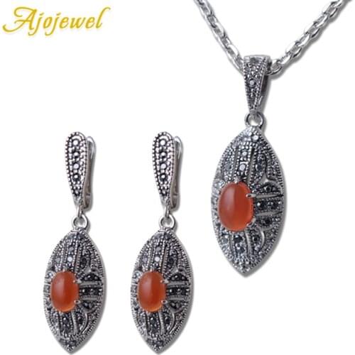 Ajojewel Orange Blue Green Stone Vintage Pendant Necklace Earrings Sets With Black Rhinestone Retro Copper Jewelry Eco-friendly