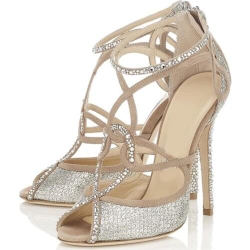 Shinning Crystal Twined Straps Hollow Out Sandals Woman Open Toe Stiletto High Heeled Wedding Dress Pumps Rhinestone Heeled Shoe