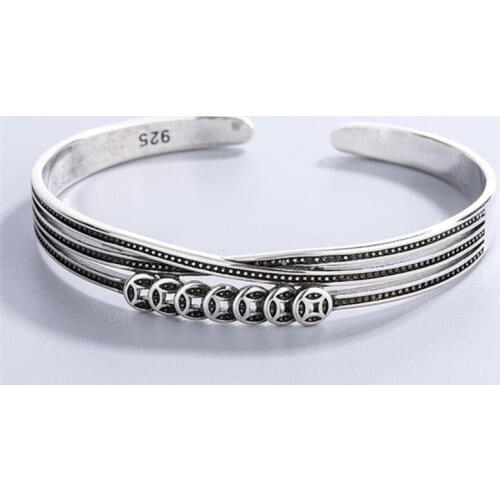 Sole Memory Good Luck Retro Copper Coin 925 Sterling Silver Female Resizable Bracelets SBR300
