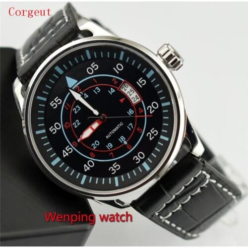 Corgeut 44mm Black Dial Steel Case Automatic Movement Men Date Watch W2206