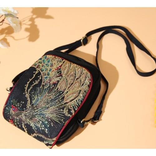 Ethnic style retro phoenix sequin embroidery double-layer large-capacity messenger bag tofu bag