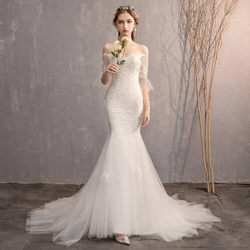 JSLYHS Retro Lace Fishtail Light Wedding Dresses 2021 New Temperament Bride One Shoulder Small Tail Simple And Thin Bridal Gowns