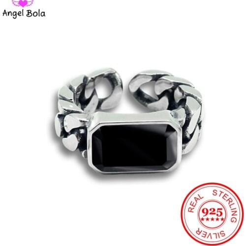 Budda Ring 925 Sterling Silver Oval Black Resin Stone Curb Chain Charm Open Rings for Men and Women Birthday Jewelry Gift