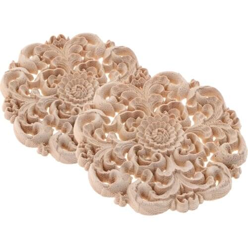 2Pcs 10cm Wood Carved Circle Applique Not Painted Flower Decor for Home Door