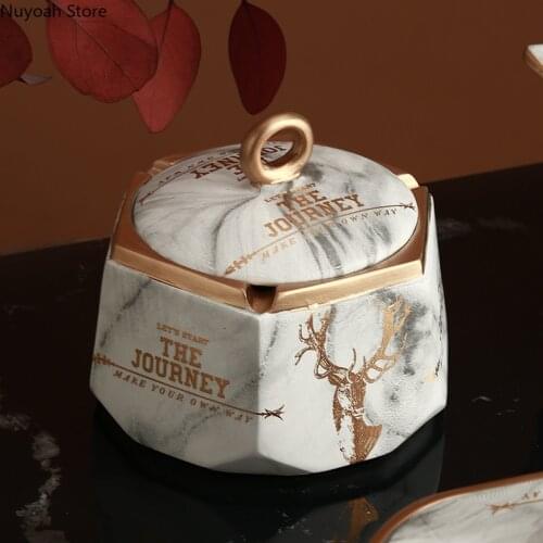 Creative Ceramic Ashtray with Lid Household Anti-fly Ash Living Room Light Luxury Nordic Style Marble Ashtray Storage Ornaments