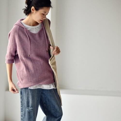 MICOCO Z3287C Leisure artistic temperament hollow woven flower five minutes bat sleeve hooded casual knitwear