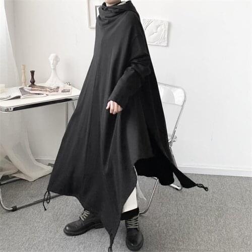 Mens coat autumn and winter long loose hooded coat mens leisure windbreaker youth nightclub runway show black large tide