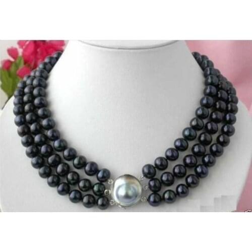 New 3 ROW 8-9MM BLACK TAHITIAN PEARL NECKLACE 18-20 INCH SHELL CLASP