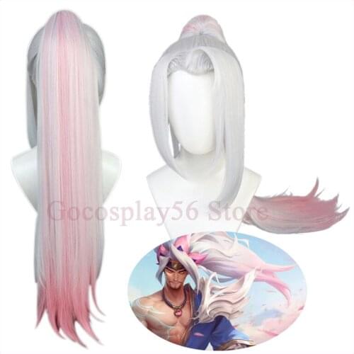 Spirit Blossom Yasuo Wig LoL the Unforgiven Cosplay Gradient White Pink 80cm Long Straight Ponytails Adult Synthetic Hair