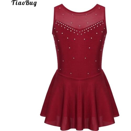 TiaoBug Summer Kids Girls Sleeveless Sparkly Crystals Tulle Back Figure Ice Skating Roller Skating Ballet Dance Leotard Dress