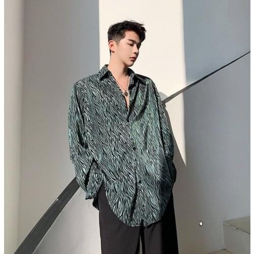 Korean Style Mens Casual Long Sleeve Leopard Loose Shirt Spring Autumn Male Singer Dancer Bar Stage Performance Costume Green