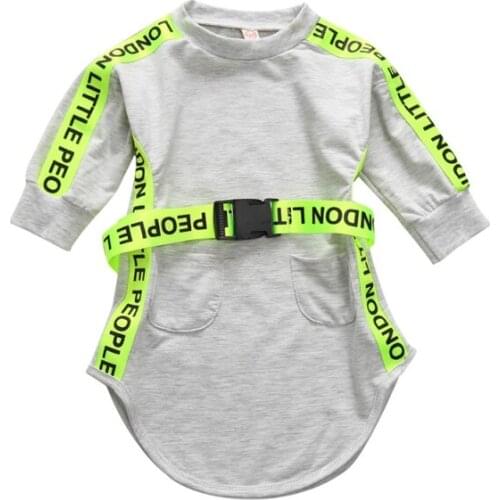 Long Sleeve Sweater Jumpsuit Girls Dress Letters Fluorescent Strips Grey Dress For Girls New Arrival