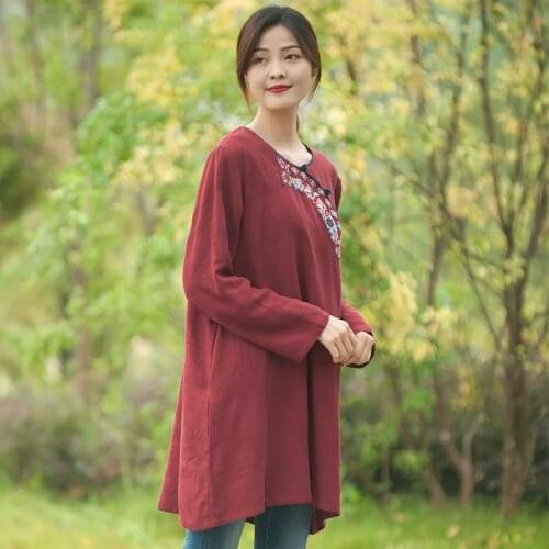Women Plus Size Embroidery Cotton Linen Jacquard T-shirt Tops Ladies Vintage Loose Embroidered Long Shirt Tees Shirt 2019 Autumn
