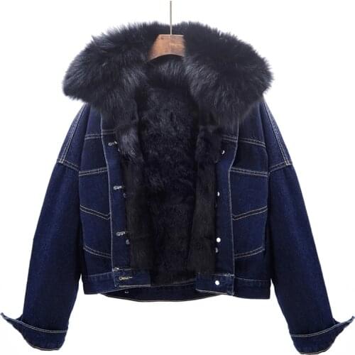 Winter 2021 New Fox fur collar Short Denim Jacket Women Thick Detachable Rabbit Fur liner Jeans Coat Female Warm Outwear Parkas