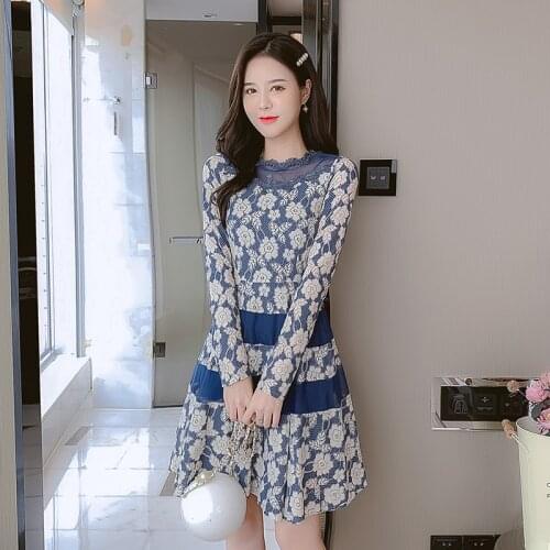 2020 New Spring Autumn Women A-Line Mini Dress Korean Fashion Patchwork Sweet Floral Lace Dress Elegant Slim Base Dress