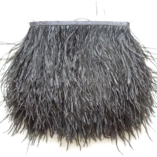 10 yards/lot black ostrich feather trimming fringe on Satin Header 5-6inch in width for Wedding Dress