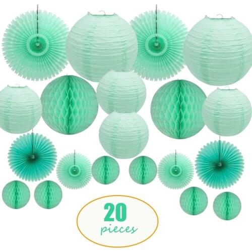 20 Pcs Per Set Mint Green Chinese Japanese Round Paper Lantern Tissue Paper Fan Honeycomb for Wedding Backdrop Hanging Decor
