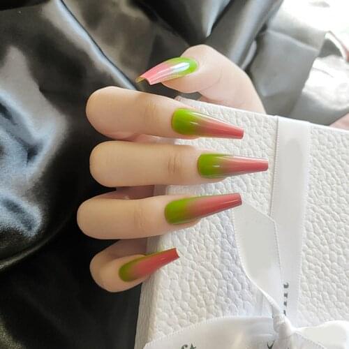 24PCS/box coffin nail tips long paragraph pink green Gradients Manicure patch fake nail tips full cover acrylic for woman