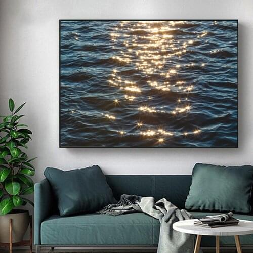 Nordic Abstract Seascape Wave Canvas Painting Blue Gold Black Sunshine Wall Poster and Print for Home Rooms Wall Decoration