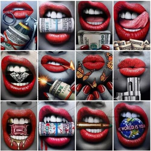 Diamond Embroidery Woman Red Lips Diamond Painting Portrait Mouth Money Mosaic Full Drill Rhinestone Picture Wall Art Decoration