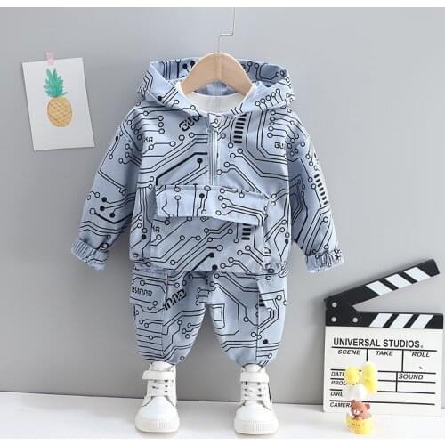 2021 New Boys Boutique Outfits Autumn Hooded Jacket Fashion Geometric Zipper Coat with Pants 1-4 Years Old Cool Kids Clothing