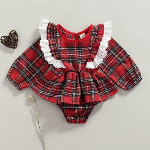 Ma&Baby 0-24M Newborn Baby Girls Christmas Clothes Red Plaid Romper Lace Ruffles Jumpsuit Playsuit Outfits Xmas Costumes DD40