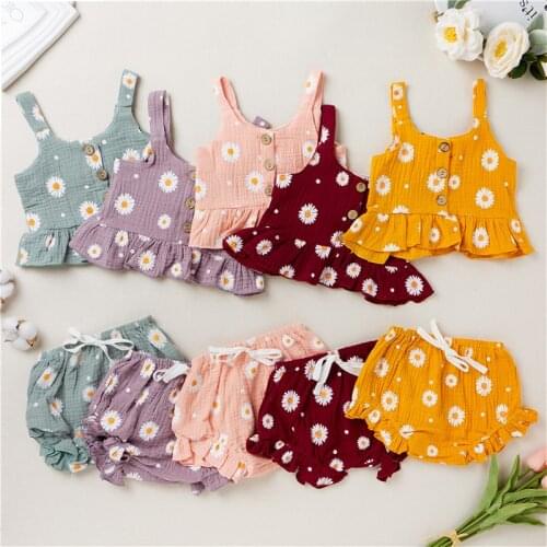 Newborn Baby Girl Clothes Summer Ruffles Sleeveless Sling Button Top Shorts Toddler Baby Girl Sunflower Outfit Cotton Linen Set