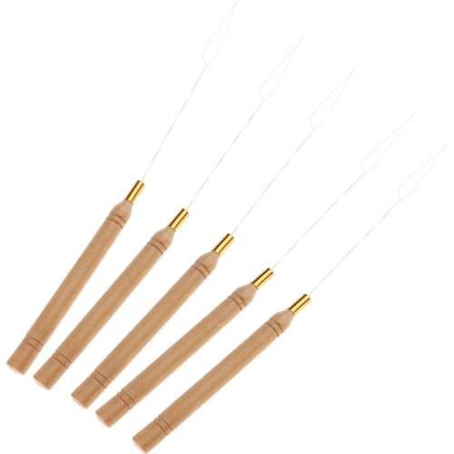 5Pcs/Set Wooden Hair Extensions Loop Needle Threader Wire Pulling Hook Tool for Beads and Feathers