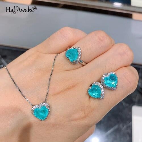 Heart I Love You 9*9 Emerald Paraíba Jewelry Set Adjustable Ring Earrings Necklace For Women Wedding Girl Valentines Day Gift