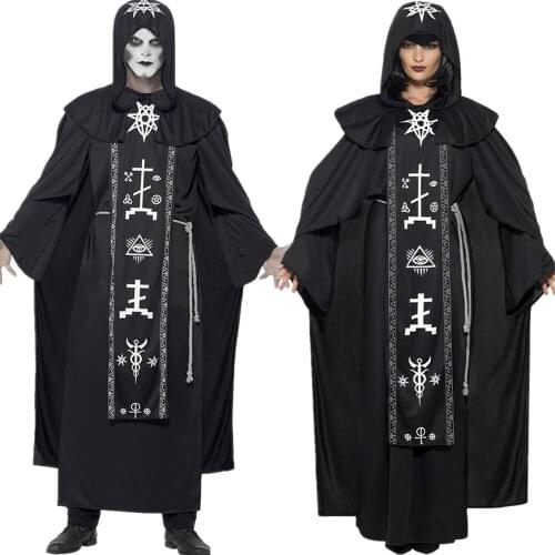 Halloween Costume for Adult Men Women Medieval Magician Robe Cosplay Costume Black Hooded Horror Death Devil Witch Costume